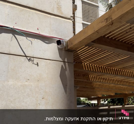 מצלמת אבטחה מותקנת על קיר בניין